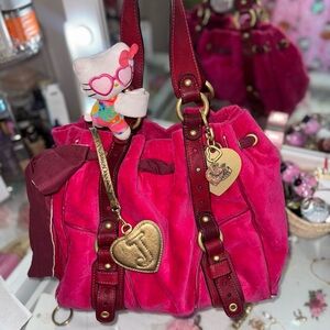 Vintage Juicy Couture Satchel Bag Hot pink Velour Embossed Y2K Hobo Shoulder bag